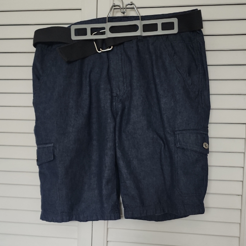 Guess Men's Dark Blue Denim Cargo Shorts with Belt